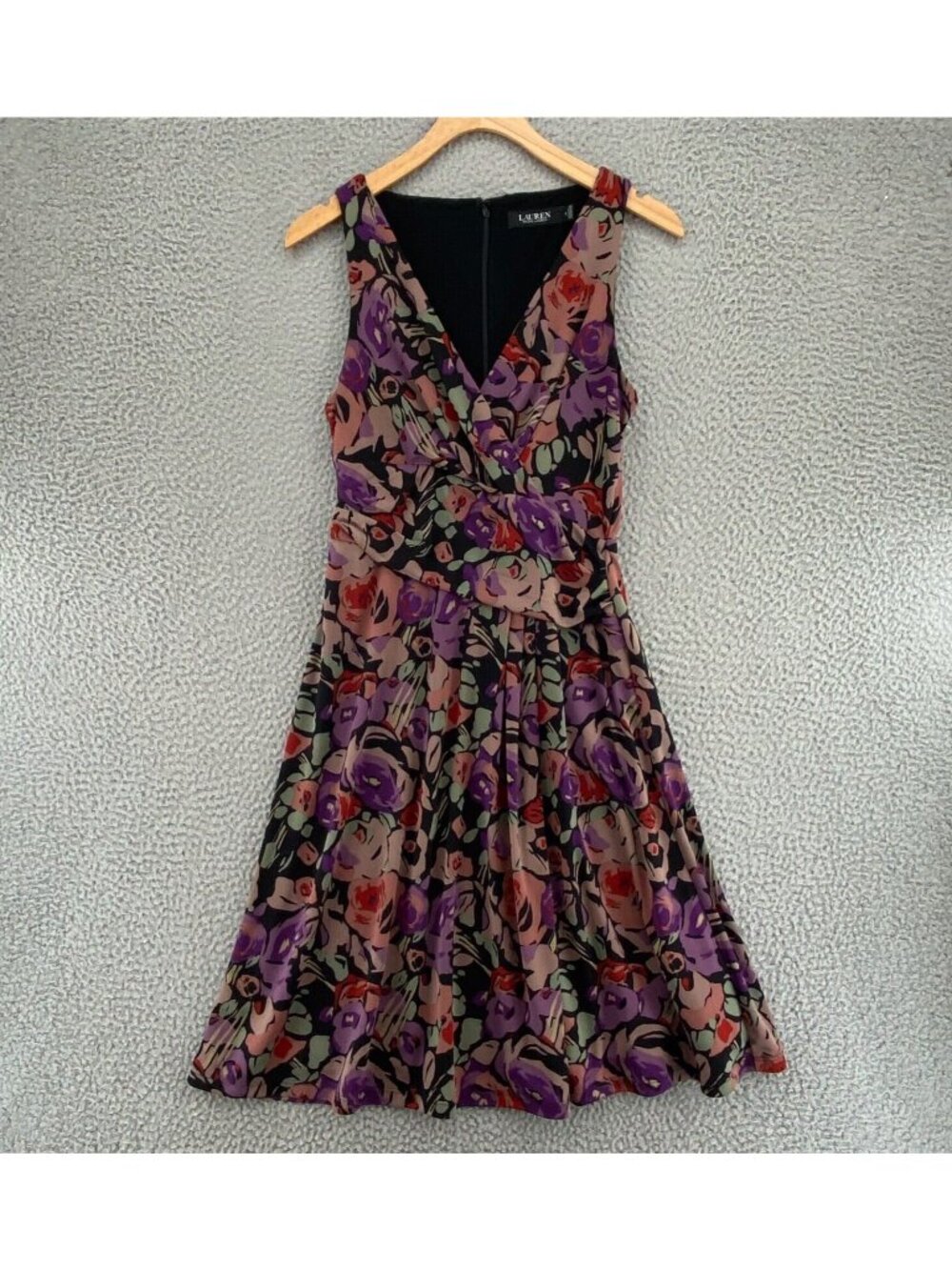 Lauren Ralph Lauren Dress Womens 2 Black Multi Floral Fit & Flare Surplice Knit